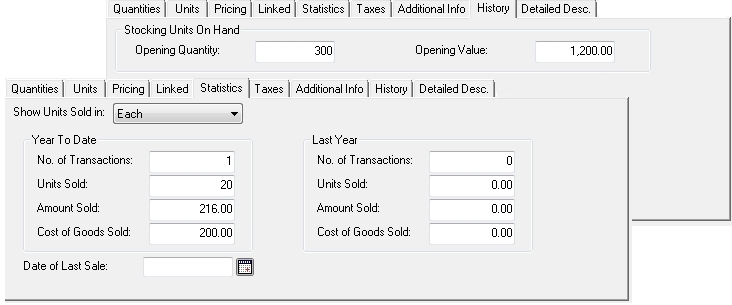 Inventory and Services window - History and Statistics tabs